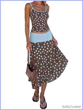 Retro Polka Dot 2 Piece Skirt Set Sleeveless Cami & Midi Skirt Vacation Outfit
